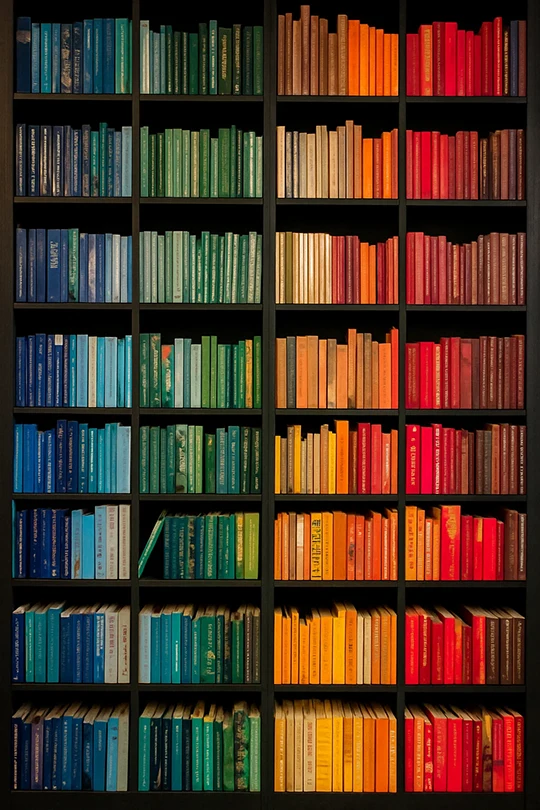 library bookshelf with colorful books